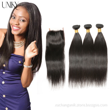 Uniky Peruvian Hair Straight Hair Bundles with Closure Remy Human Hair Weave Bundles With Closure Natural Color